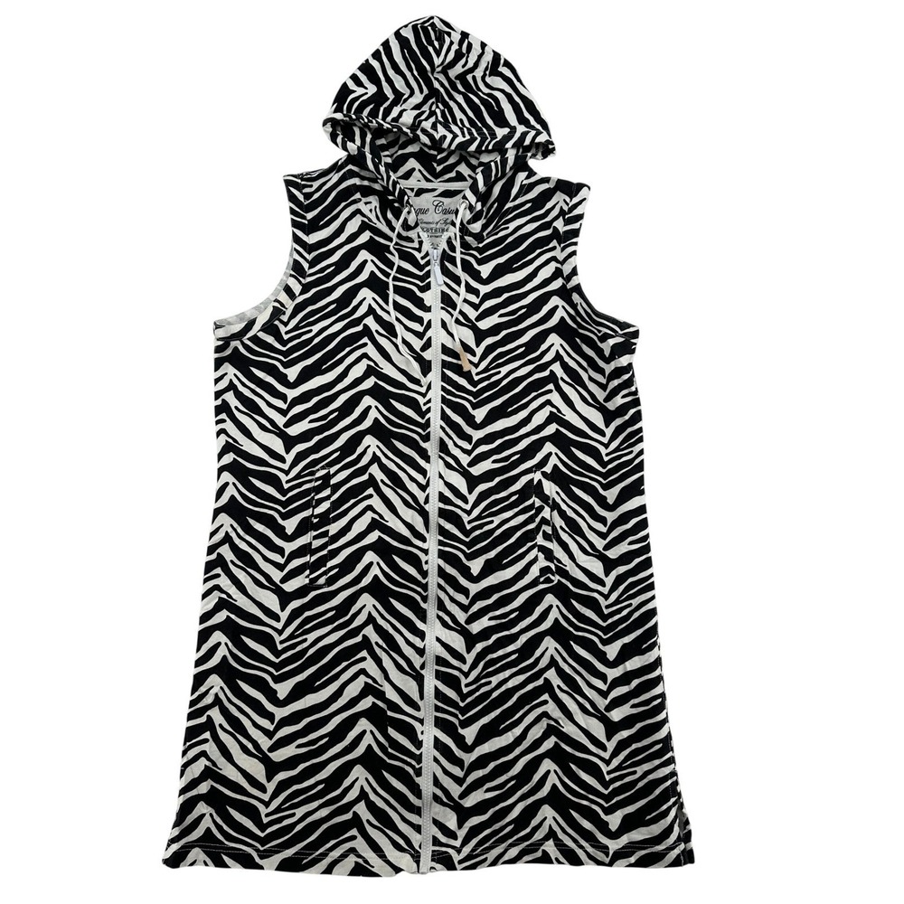 Onque Women's Size L Casuals Zebra Print Sleeveless Hooded Vest Long Cover Up